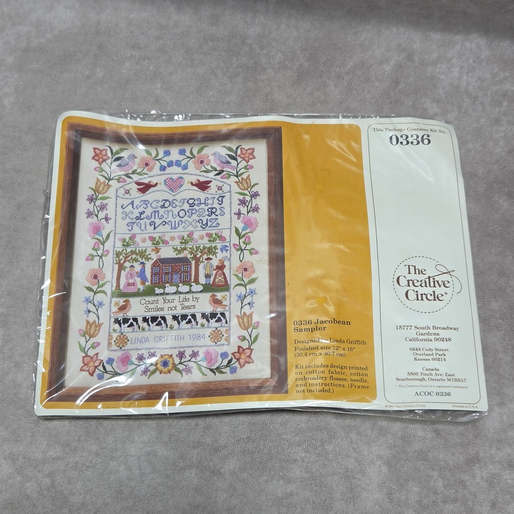Creative Circle 0336 Jacobean Sampler Embroidery Kit Linda Griffith 1984 Vintage